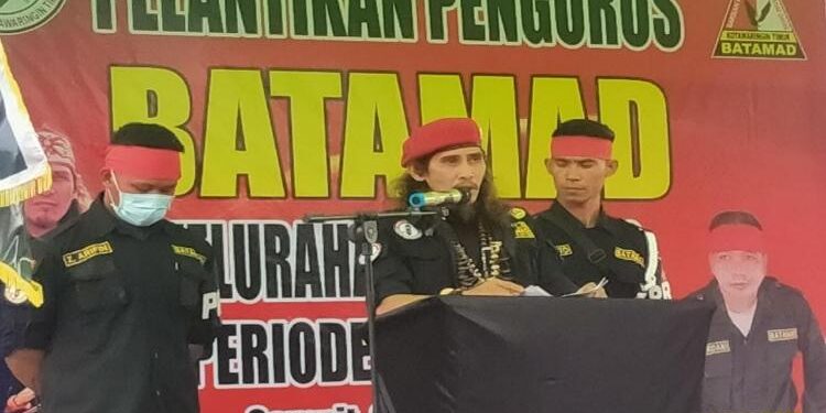 FOTO : AGUS/MATAKALTENG - Ketua Batamad Kotim saat memberikan sambutan di acara Pelantikan Pengurus Batamad Tanas Mas