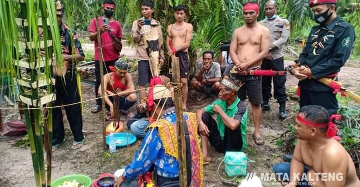 FOTO : IST/MATAKALTENG - Damang, DAD dan masyarakat adat Desa Sekoban menggelar ritual membuka Lompang Begawar di lahan sengketa dengan perusahaan PT FLTI.