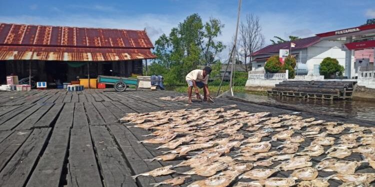 FOTO: ALDI SETIAWAN/MATA KALTENG: Seorang nelayan saat sedang menjemur ikan hasil tangkapan laut di TPI yang terletak di Desa Sungai Undang, Kecamatan Seruyan Hilir.