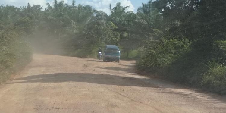 FOTO : DEVIANA/MATAKALTENG - Jalan menuju Kecamatan Antang Kalang yang masih berupa tanah, pengendara motor harus menggunakan masker karena jalan berdebu, Jumat 24 Juni 2022.