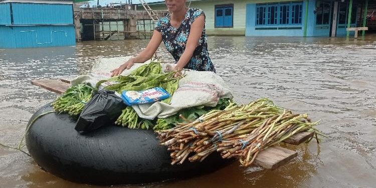 FOTO : DEVIANA/MATAKALTENG - Meli saat menjual sayur menggunakan pelampung ban keliling kampung, Rabu 14 September 2022.