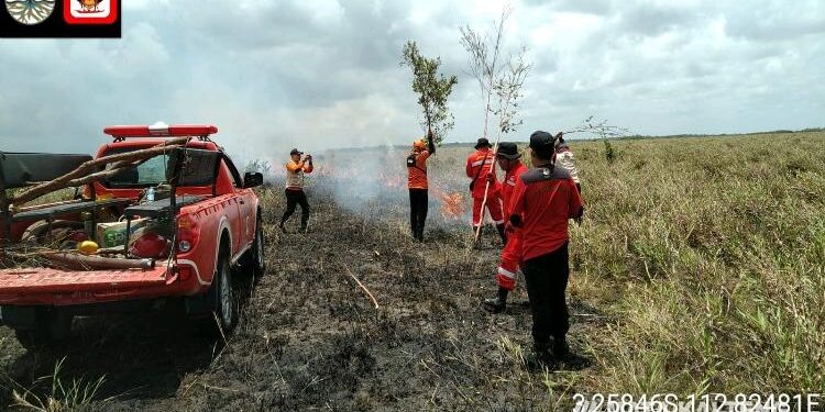 FOTO : BPBD Kotim/MATAKALTENG - Petugas gabungan saat memadamkan api di Desa Ujung Pandaran, Rabu 28 September 2022.