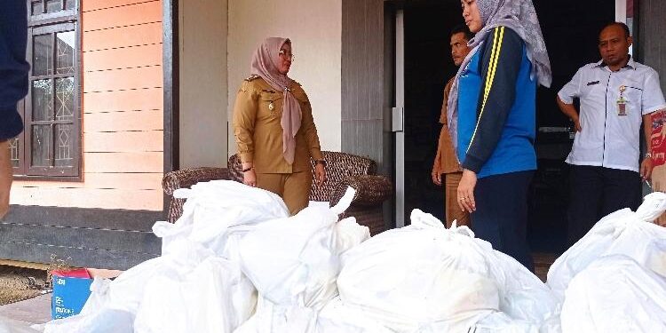 FOTO : DEVIANA/MATAKALTENG - Wakil Bupati Kotim Irawati saat menyalurkan bantuan ke kecamatan Bukit Santuai, Rabu 21 September 2022.