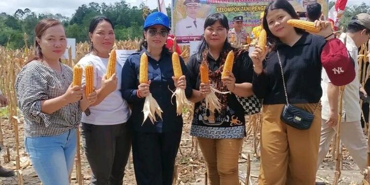 FOTO : SID/MATA KALTENG - Anggota DPRD Gumas Rayaniatie Djangkan (tengah) foto bersama dengan masyarakat, saat menghadiri panen jagung hibrida di lahan poktan katur 1, Desa Sepang Kota, Kecamatan Sepang, pekan lalu.