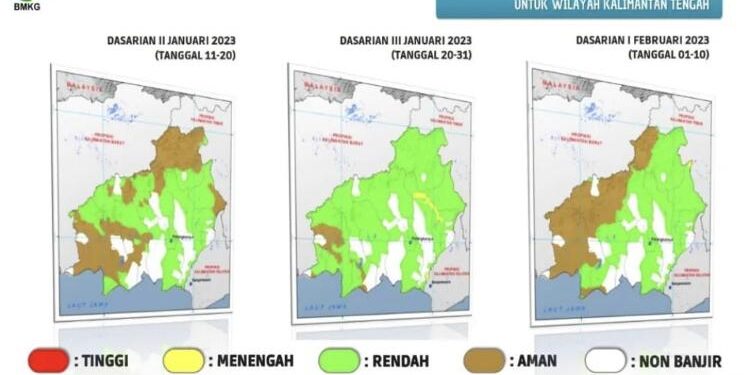 FOTO : BMKG/MATA KALTENG - Prakiraan potensi banjir per dasarian untuk wilayah Kalteng.