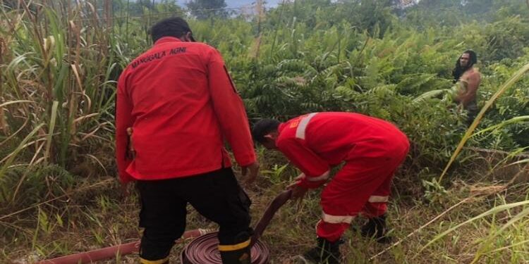 FOTO : DIAN TARESA/MATA KALTENG - Proses penyambungan selang untuk menuju titik lokasi karhutla.