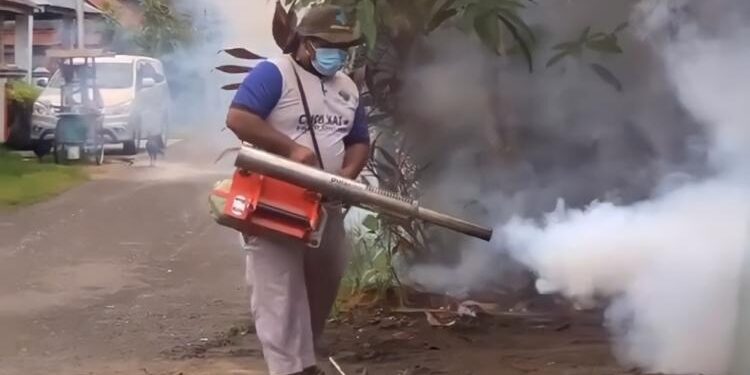 FOTO: ALDI SETIAWAN/MATA KALTENG - Pihak Dinkes saat melakukan fogging di pemukiman warga di kawasan Jalan Udi Masaro, Kuala Pembuang beberapa waktu lalu.