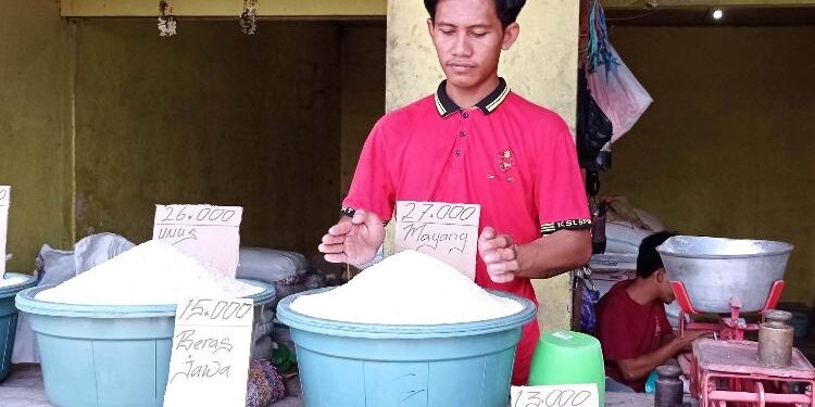 FOTO : DEVIANA/MATAKALTENG - Pedagang beras saat merapikan dagangannya, Selasa 7 Maret 2023.