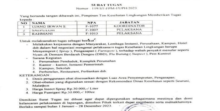 FOTO : IST MMC/MATAKALTENG - Surat Tugas Tim Kesehatan Lingkungan, Unit Penanggulangan Penyakit Menular Demam Berdarah (DBD) Wilayah Provinsi Kalimantan Tengah yang tersebar di media sosial.