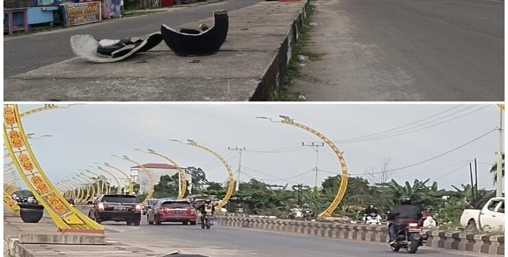 FOTO : AGUS/MATA KALTENG - Dua pot bunga yang berada di Terowongan Nur Mentaya Jalan Tjilik Riwut Sampit, diduga dirusak oleh orang tidak dikenal, Sabtu 25 Maret 2023.