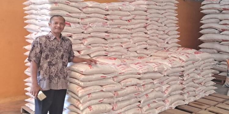 FOTO : KOKO BUDI HARJO/MATA KALTENG - Kepala Gudang Bulog Kuala Kurun Koko Budi Harjo menunjukkan stok beras yang tersedia di gudang, Rabu, 29 Maret 2023.