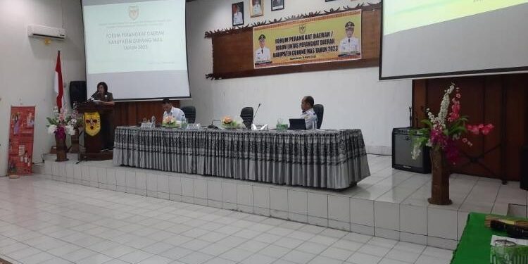 FOTO : SID/MATA KALTENG - Wakil Bupati Gumas Efrensia LP Umbing (berdiri) didampingi Plh Sekda Richard, dan Kepala Bappedalitbang Yantrio Aulia, saat memberikan arahan pada forum perangkat daerah tahun 2023, Rabu, 15 Maret 2023.