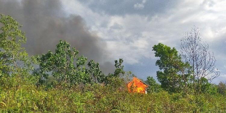 FOTO: DODY/MATA KALTENG – Rumah yang dilahap si jago merah di Bumi Raya, Baamang Sabtu, 8 April 2023 sore.
