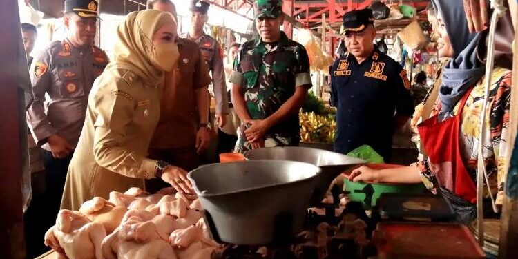 FOTO: PROKOM SERUYAN/MATA KALTENG - Wakil Bupati Seruyan, Iswanti (kiri) saat berbincang dengan pedagang ayam saat sidak di Pasar Saik Kuala Pembuang, Selasa 18 April 2023.