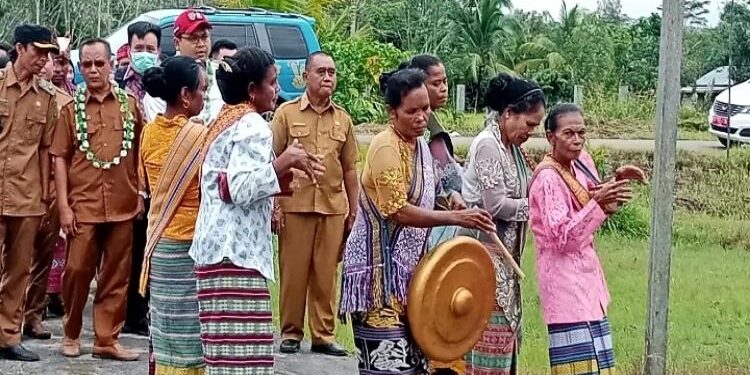 FOTO: PRADILA/MATAKALTENG - Warga Desa Hanjak Maju menyambut Kepala DP3AP2KB, perwakilan BKKBN Provinsi kalimantan tengah dengan tarian daerah.