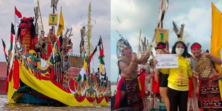 FOTO: RIZAL/MATAKALTENG - Perahu Hias Banama Naga Hai Galang Petak Pemko Palangka Raya, pada saat berlayar di Sungai Kahayan.