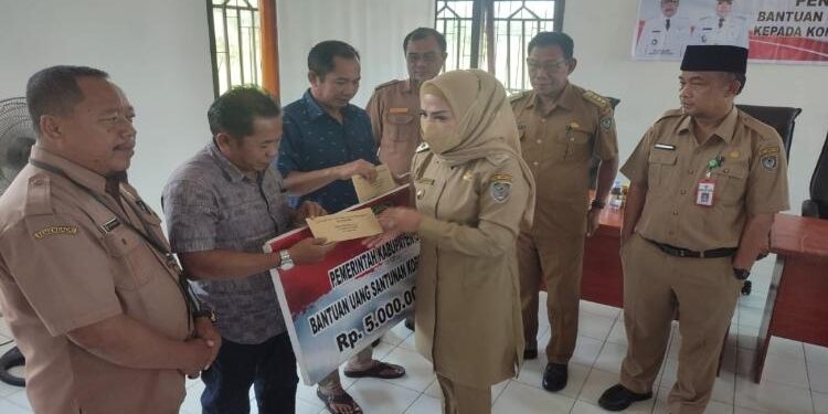 FOTO: IST/MATA KALTENG - Wakil Bupati Seruyan, Iswanti saat menyerahkan bantuan untuk korban kebakaran di beberapa desa di Kabupaten Seruyan, Senin 15 Mei 2023.