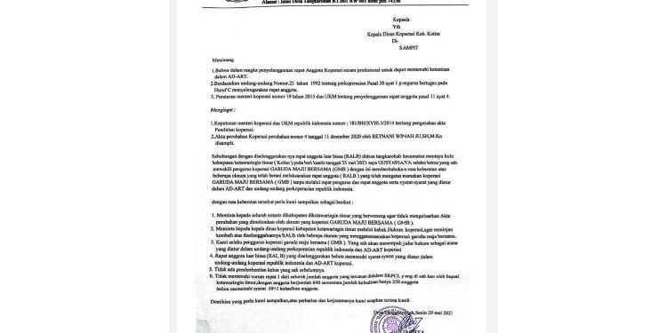 FOTO: IST/MATA KALTENG - Surat laporan dugaan rapat koperasi tidak sesuai aturan yang diajukan ke Dinas Koperasi Kotim oleh Pengurus Koperasi GMB.