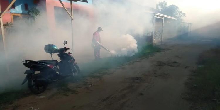 FOTO: DINKES SERUYAN/MATA KALTENG - Pihak Dinkes Seruyan saat sedang melaksanakan Fogging di wilayah dalam Kota Kuala Pembuang beberapa waktu lalu.