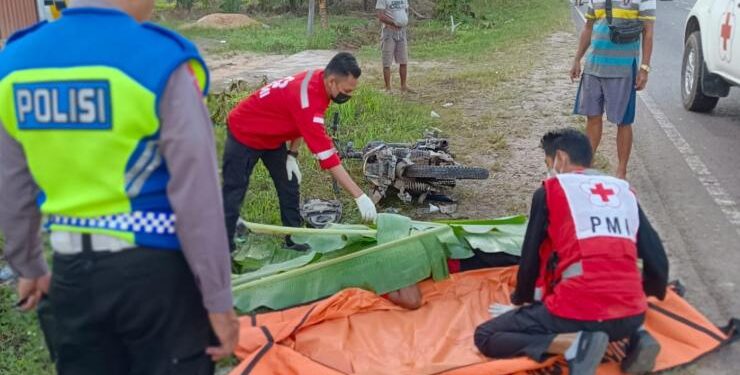 FOTO : PMI/MATA KALTENG - Petugas dari PMI Kabupaten Kotim saat mengevakuasi korban dugaan tabrak lari di KM 35, Kotim, Selasa, 11 Juli 2023.