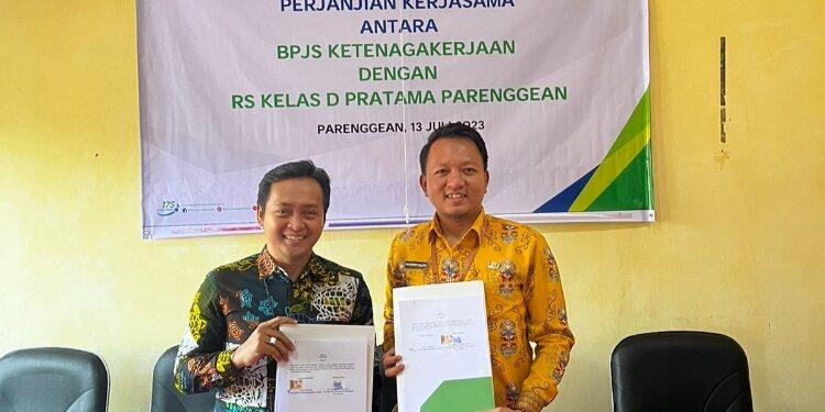 FOTO: BPJS/MATA KALTENG - Penandatanganan kerjasama BPJS Ketenakerjaan dengan RS Kelas D Pratama Parenggean, Kotim 13 Juli 2023.