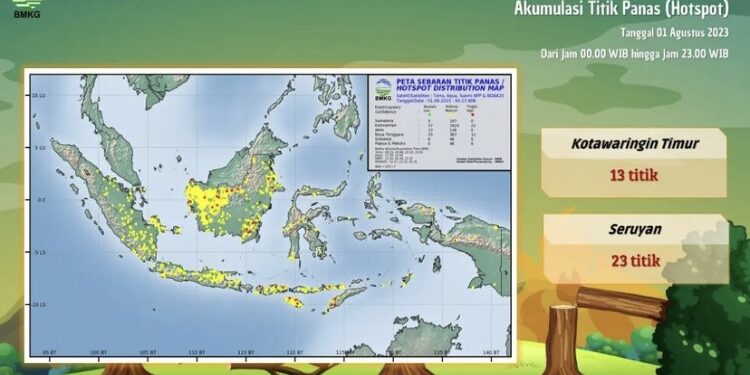 FOTO: BMKG/MATA KALTENG - Peta sebaran titik panas di Kalimantan Tengah per tanggal 2 Agustus 2023.