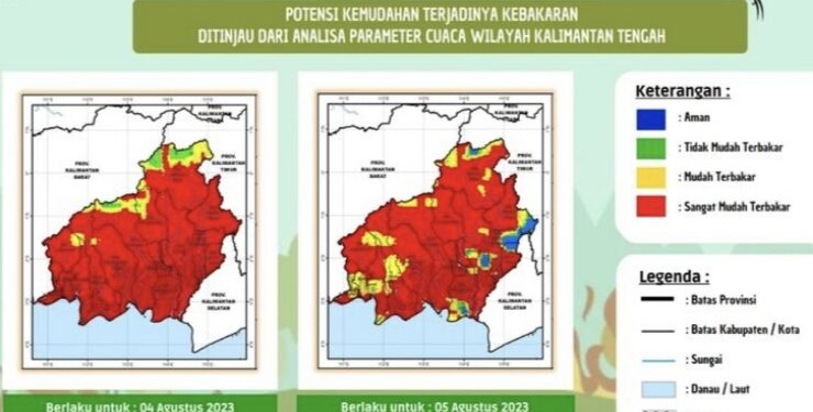 FOTO : BMKG/MATA KALTENG - Peta potensi kebakaran wilayah Kalteng berlaku untuk tanggal 4 sampai 5 Agustus 2023.