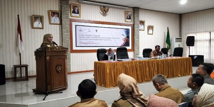 FOTO: ALDI/MATA KALTENG - Suasana saat kegiatan sosialisasi pedoman penggunaan DBHDR bagi daerah untuk pemberian insentif kepada desa (kades) yang dihadiri langsung oleh Wakil Bupati Seruyan Iswanti di Aula BKAD Seruyan, Selasa 8 Agustus 2023.