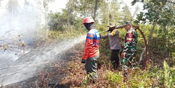 FOTO : IST/MATAKALTENG - Petugas gabungan melakukan pemadaman kebakaran lahan di Jalan Poros Desa Kandan, Kecamatan Baamang, Sampit.