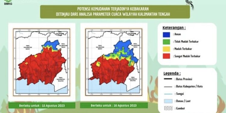 FOTO: BMKG/MATA KALTENG - Peta potensi kemudahan terjadinya kebakaran wilayah Kalimantan Tengah.