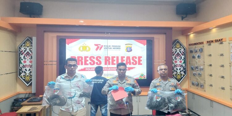 FOTO: IST/MATA KALTENG- Kapolres Kotim, AKBP Sarpani (Tengah), Kasat Reskrim (Kanan Kapolres) dan Kapolsek Jaya Karya (Kiri Kapolres) saat press rilis pelaku pembakar lahan di Mapolres Kotim, Jumat, 18 Agustus 2023.