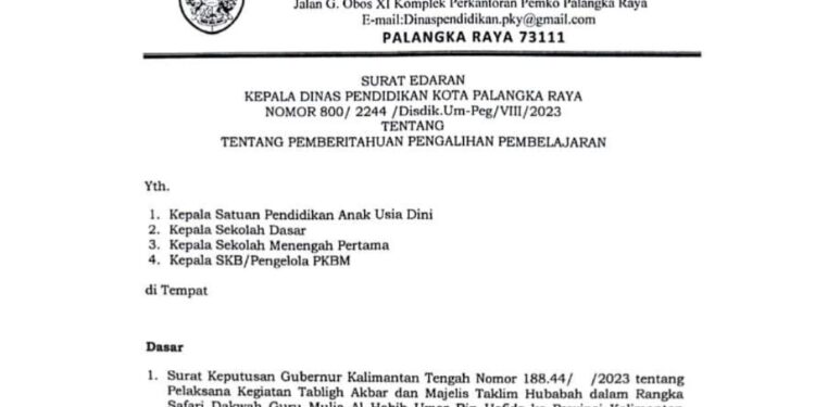 FOTO: MATAKALTENG - Surat Edaran Dinas Pendidikan Kota Palangka Raya tentang pengalihan pembelajaran sementara.