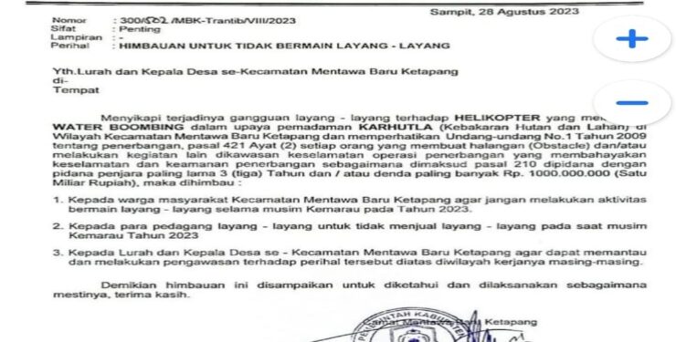 FOTO : Surat edaran Camat MBK Eddy Hidayat Setiadi Terkait larangan bermain layang-layang di musim kemarau tahun 2023.