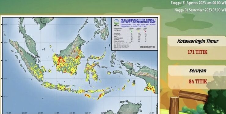 FOTO :BMKG/MATA KALTENG - Akumulasi titik panas yang muncul di Wilayah Kotim dan Seruyan, Jumat 1 September 2023.
