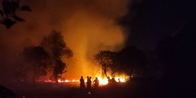 FOTO: DIAN/MATA KALTENG - Upaya pemadaman kebakaran lahan di Jalan Pramuka belum lama ini.