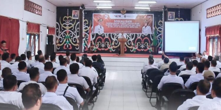 FOTO: PROKOM SERUYAN/MATA KALTENG - Suasana saat sosialisasi perencanaan tindak lanjut hasil SPI 2022 di wilayah Kabupaten Seruyan di Gedung Serba Guna Kuala Pembuang, Rabu 13 September 2023.