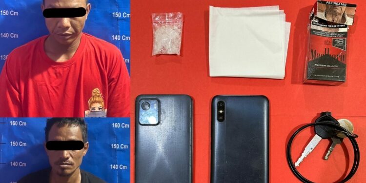 FOTO: MATAKALTENG - Kedua terduga pelaku beserta barang bukti yang berhasil diamankan polisi.