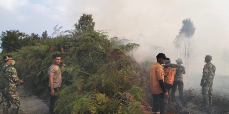 FOTO: AKH/MATAKALTENG - Petugas BPBD Sukamara bersama TNI Polri saat memadamkan api yang membakar lahan warga.