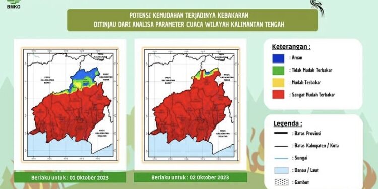 FOTO: IST/MATA KALTENG - Peta kemudahan terjadinya kebakaran di wilayah Kalimantan Tengah, 1 sampai 2 Oktober 2023