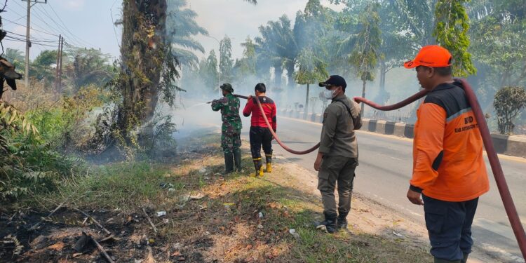 FOTO : DEVIANA/MATAKALTENG - Petugas saat memadamkan api di lahan kosong Kota Sampit, belum lama ini.