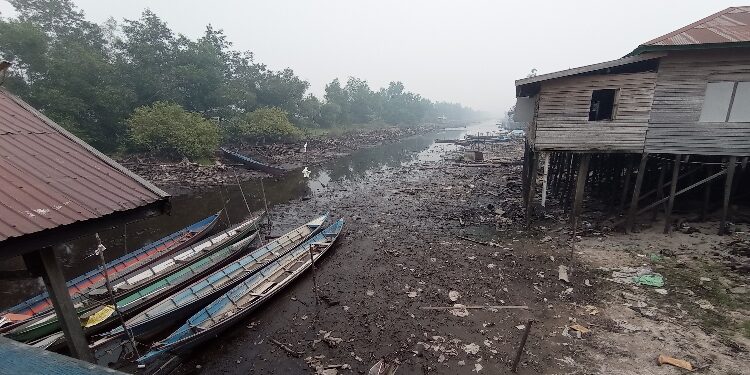 FOTO: RZL/MATAKALTENG - Sungai di Kelurahan Kameloh Baru, Kecamatan Sabangau, Kota Palangka Raya, yang kering akibat musim kemarau panjang.
