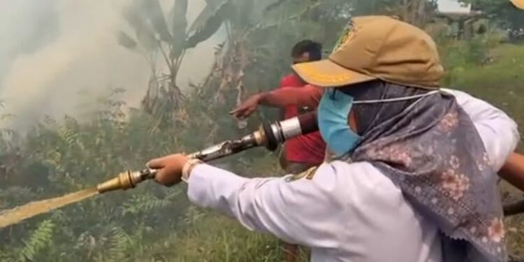 FOTO: MATAKALTENG - Pj Wali Kota Palangka Raya Hera Nugrahayu secara langsung melakukan upaya pendinginan lahan Karhutla di Kelurahan Kameloh Baru.