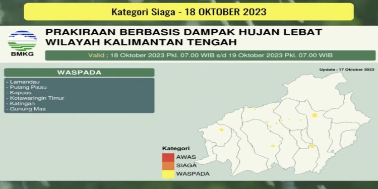 FOTO: BMKG/MATA KALTENG - Peta prakiraan berbasis dampak hujan lebat wilayah Kalteng, 18 Oktober 2023.