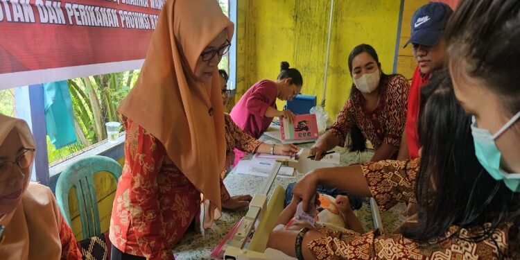 FOTO: MATAKALTENG - Petugas Dislutkan Kalteng, saat memeriksa kondisi balita yang terindikasi stunting.