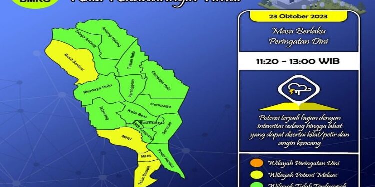FOTO: BMKG/MATA KALTENG - Peta peringatan dini cuacan wilayah Kotim, 23 Oktober 2023.