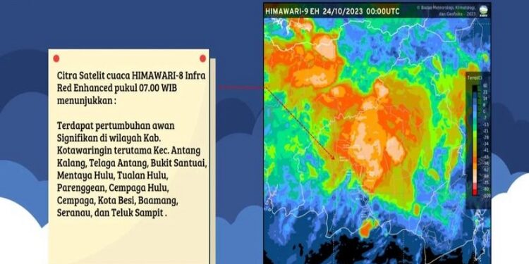 FOTO: BMKG/MATA KALTENG - Informasi perawanan citra satelit yang menunjukkan pertumbuhan awan hujan wilayah Kotim, 24 Oktober 2023.