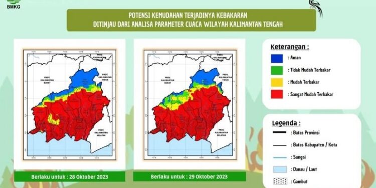 FOTO: BMKG/MATA KALTENG - Peta kemudahan terjadinya kebakaran wilayah Kalteng, Sabtu 28 Oktober 2023.