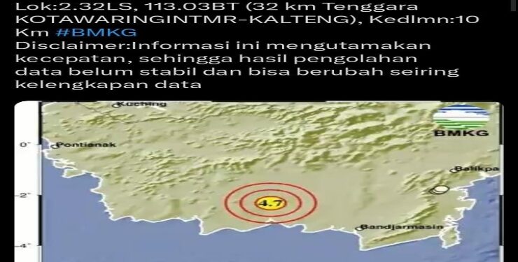 FOTO : IST/MATA KALTENG - Rilis BMKG dalam akun X nya tentang gempa yang terjadi di Kotim-Kalteng sekitar pukul 01.21 wib dini hari. Senin, 30 Oktober 2023.