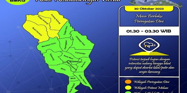 FOTO: BMKG/MATA KALTENG - Peta peringatan dini cuaca wilayah Kotim, 30 Oktober 2023.