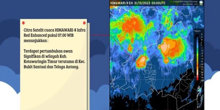 FOTO: BMKG/MATA KALTENG - Informasi perawanan citra satelit yang menunjukkan ada pertumbuhan awan hujan di wilayah Kotim, 31 Oktober 2023.